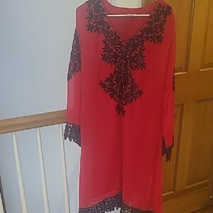 Red Tunic Dress with Black Lace Appliqué